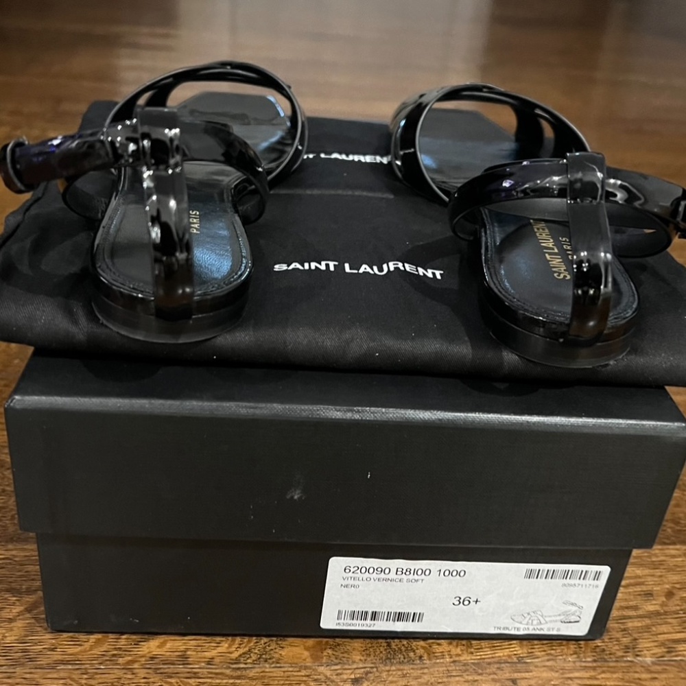 Saint Laurent Tribute Buckled Sandals Black Patent Leather Flat - Picture 3 of 5